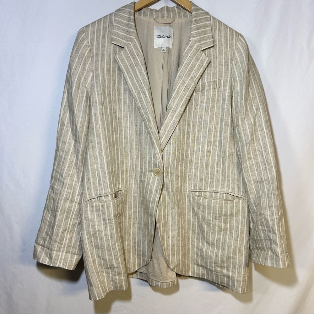 Madewell Beige Striped Blazer size XL Classic Preppy Workwear Linen Tan